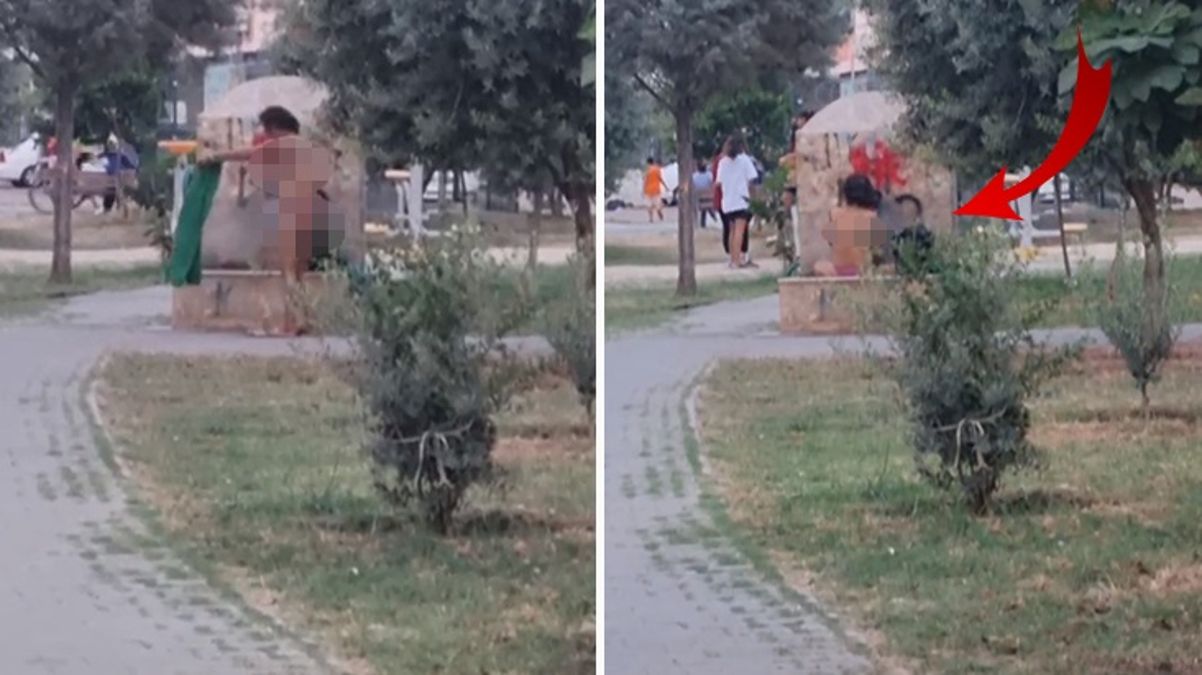Adana'da madde bağımlısı kadın parktaki çeşmede herkesin gözü önünde banyo yaptı
