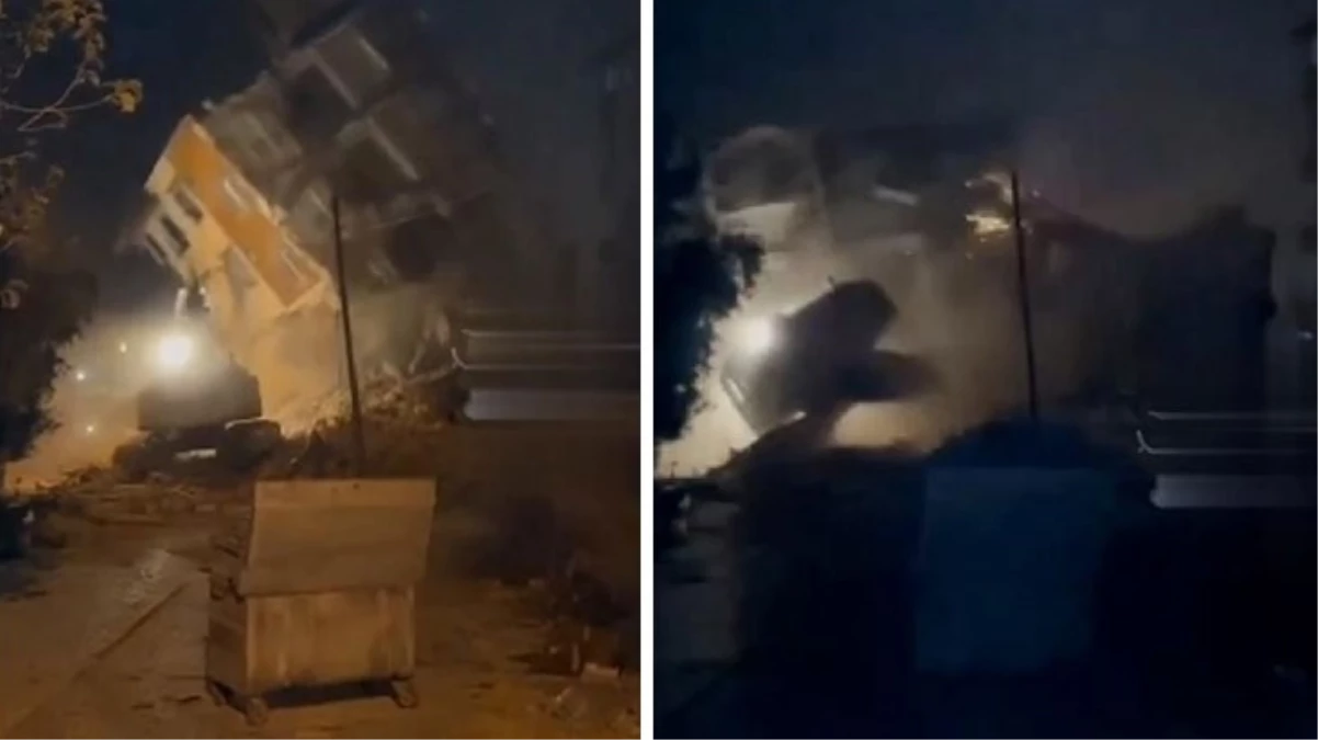 Hatay'da depremde ağır hasar alan bina iş makinesinin üzerine yıkıldı