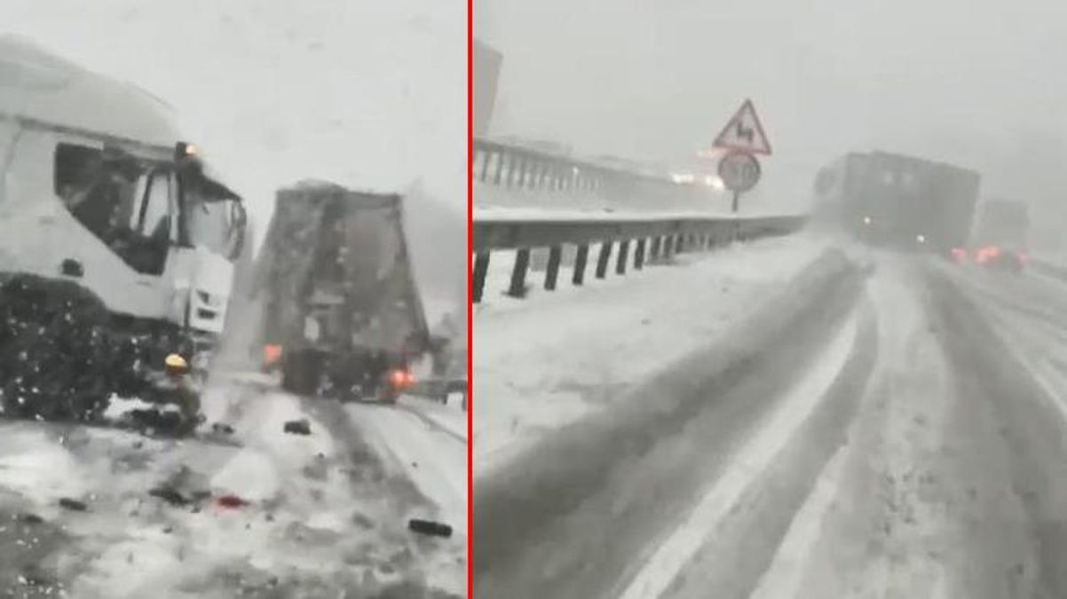 Kar yağışı etkili oldu, kayan tırlar Bursa-Gemlik kara yolunu trafiğe kapattı
