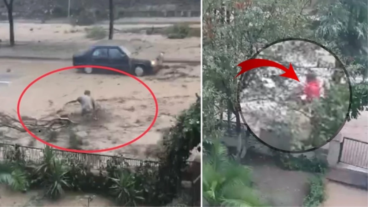 Samsun'da heyelan ve sel sularına kapılan 2 vatandaşın ölümden döndüğü anlar kamerada
