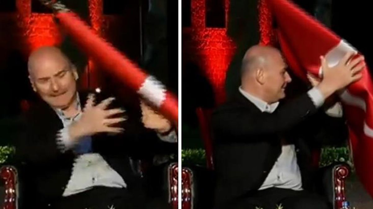 Bakan Soylu'nun canlı yayında zor anları! Üzerine bayrak devrildi