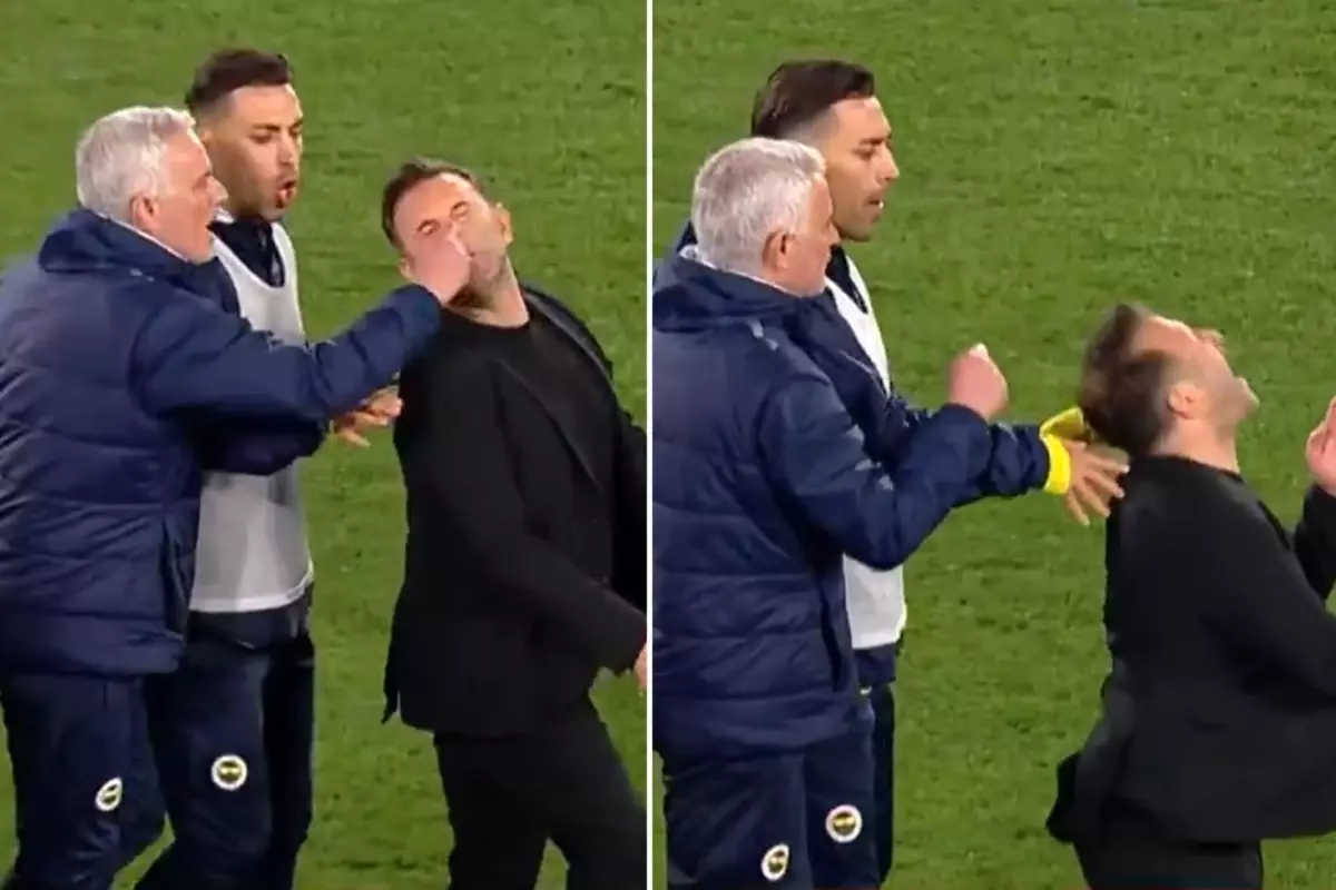 Jose Mourinho, maçtan sonra Okan Buruk'un burnunu sıktı! Okan Buruk, müdahalenin ardından yerde kaldı