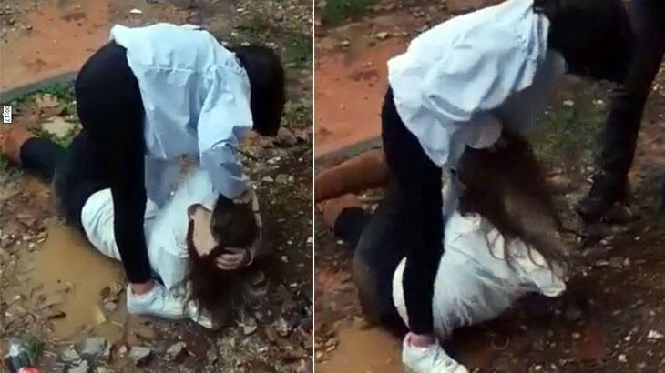 Lise bahçesinde skandal görüntü! Saçından tutup sürükledi
