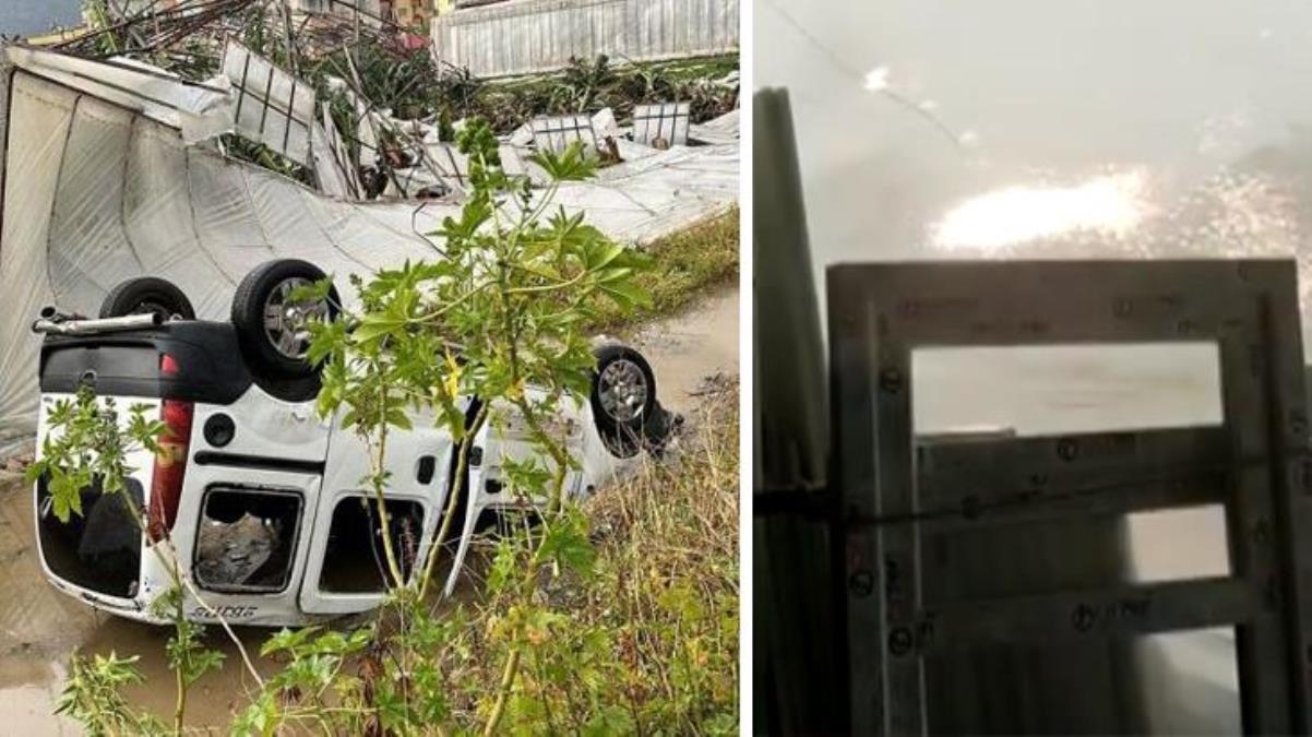 Mersin'de tırlar devrildi, çatılar ve seralar uçtu! Fırtına ve hortumun geliş anı kamerada