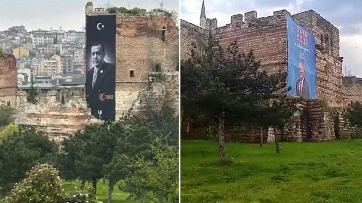 Seçimler öncesi tartışma konusu olmuştu! İstanbul'daki tarihi sura asılan iki dev pankart kaldırıldı