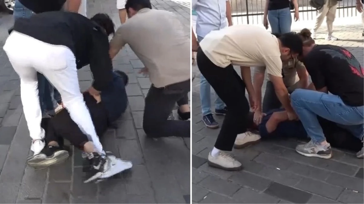  Taksim'de panik anları! Elindeki sopayla 