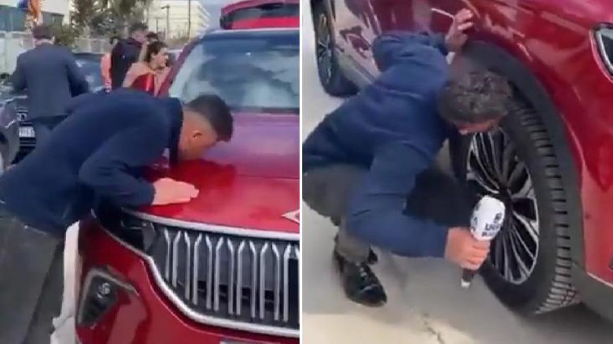 Togg gören muhabir yayında kendinden geçti! Önce kaputu sonra tekerleği öptü