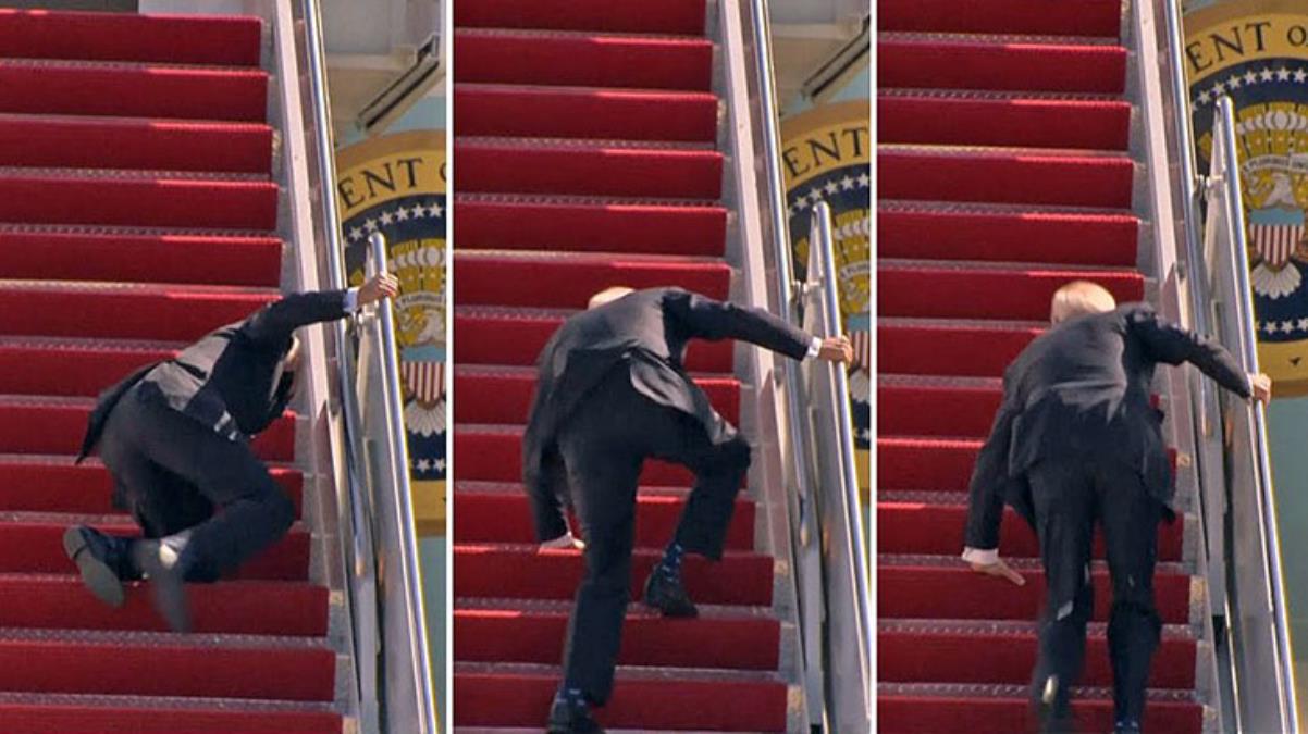 Uçağa binerken üst üste 3 kez yere kapaklanan Biden'ı rüzgar düşürmüş